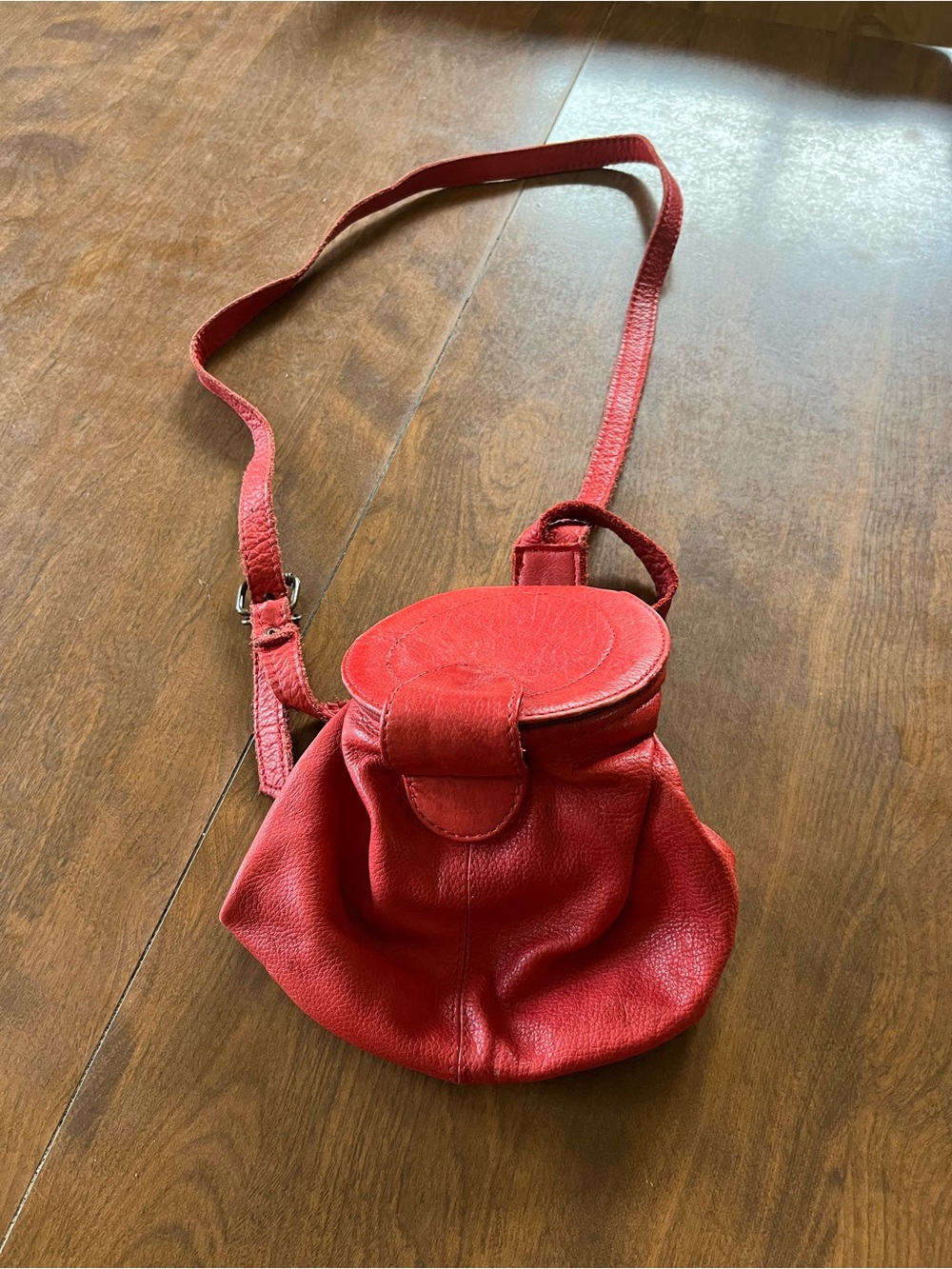 Small Red Leather Bucket Crossbody Bag with Adjustable Strap